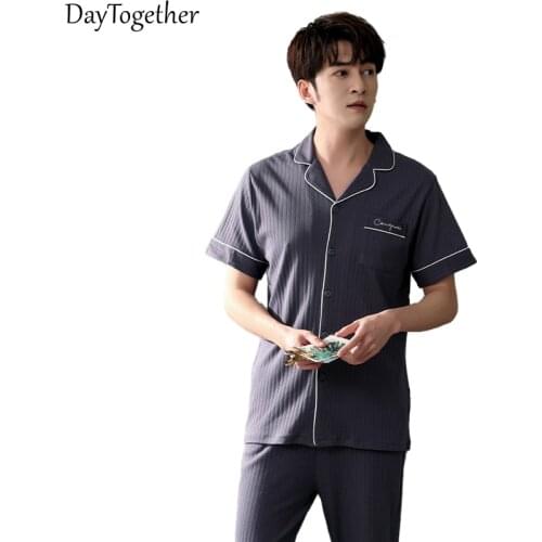Summer Pajamas Men Cotton Short Sleeve Sleepwear Pants Set Male Nightwear Men Pijamas