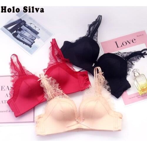 Solid Sexy Lace Embroidery Push Up Bra Wireless Backless Bralette Small Chest Women Bra 34AB 36AB 38AB Size Wire Free Padded Bra