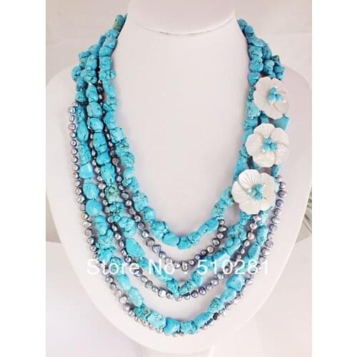 Natural chic 6 strands green Natural stone pearl shell flower waterfull necklace jewelry