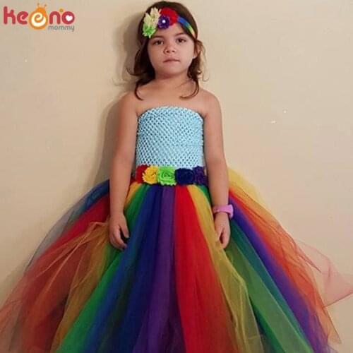 Girls Rainbow Tutu Dress Full Length Kids Birthday Party Carnival Costume Fancy Princess Tulle Dress for Summer Photo Clothing