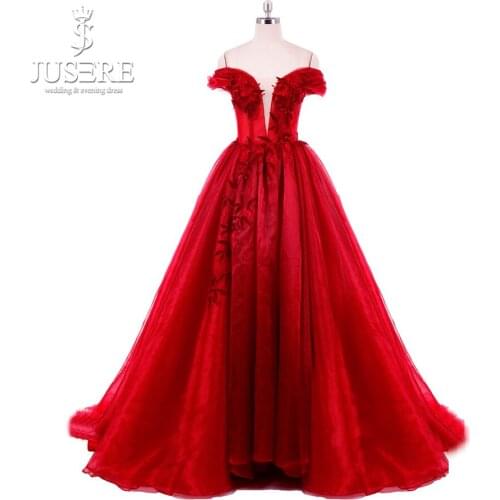 Jusere Puffy A line Embroidery Leaf Appliques Lace up Flowing Train Backless Ruched Side Sleeves Red Evening Dress 2018