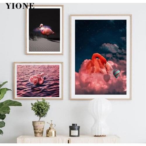 Pink Rose Flamingo Art Print Canvas Paintings Abstract Desert Starry Sky Animal Poster Wall Picture Print Living Room Home Decor
