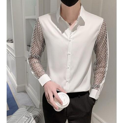 Autumn New Fashion Hollow Lace Spliced Long Sleeve Shirt Men Clothing Slim Fit Casual Club/Prom/Streetwear Tuxedo Chemise Homme