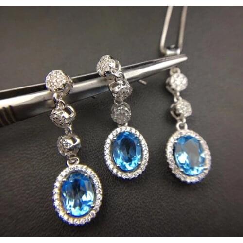 Natural blue topaz gem jewelry sets natural gemstone pendant Earrings 925 silver Luxury pillow round women fine party jewelry