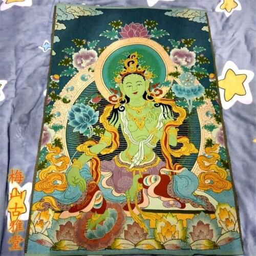 Tibetan Buddha silk embroidery Nepal gold silk thangka portrait black gold just green tara