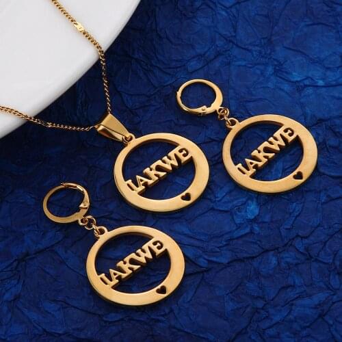 Stainless Steel Trendy IAKWE Pendant Necklaces Earrings for Women Gold Color Round Jewelry Sets