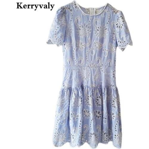 French Embroidery Vintage Solid Cut-out Blue White Lace Princess Summer Dress Fairy Round Neck Vestidos De Mujer K3261