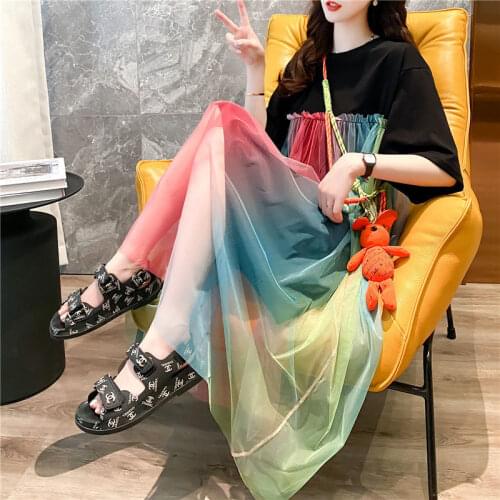 Rainbow Mesh Stitching Loose Mid-length Short-sleeved T Shirt Lace Elegant Dress Women 2020 Summer Ins Fashion Ladies Dresses