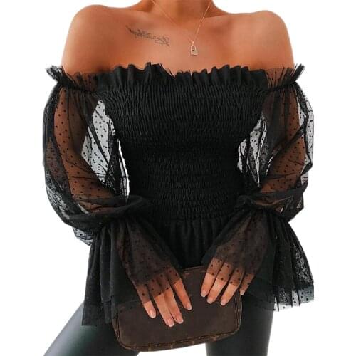 Womens Slash Neck Solid Color Off Shoulder Polka Dot Blouse Mesh Sheer See Through Long Puff Sleeve Ruched Chiffon Tops