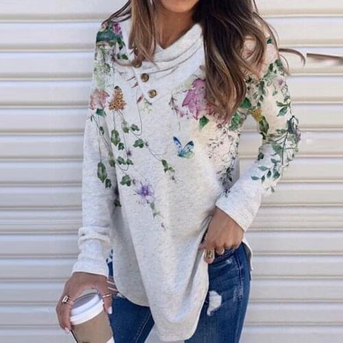 Autumn Winter New Warm Elegant O-Neck Button Tops Streetwear Women Vintage Floral Print Blouse Shirt Casual Long Sleeve Pullover