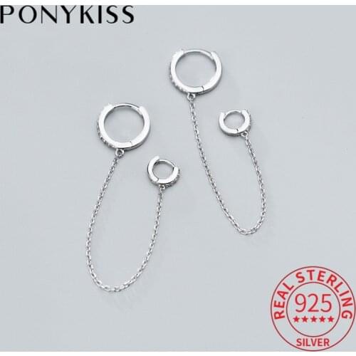 PONYKISS Trendy Real 925 Sterling Silver Zircon Geometric New High Quality Hoop Earrings For Women Party Fine Accessory Gift
