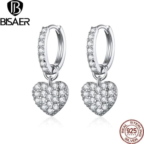 Dazzling Love Heart BISAER 925-Sterling-Silver Beaded Love Heart Drop Earrings for Women Wedding Engagement Jewelry ECE821