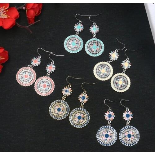 New Vintage Ethnic Flower Oil Drop Dangle Hanging Earrings for Women Female Fashion Lovely Ear Ornaments 2021 Gifts Jewelry