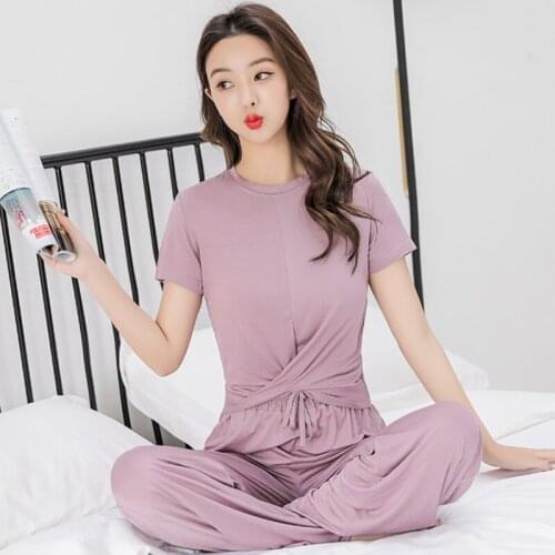 Soft Modal Summer Womens 2 Piece Set Casual Short Sleeve T-shirt Wide Leg Pants Suits Ladies Fashion Sleepwear Sets Women WF088