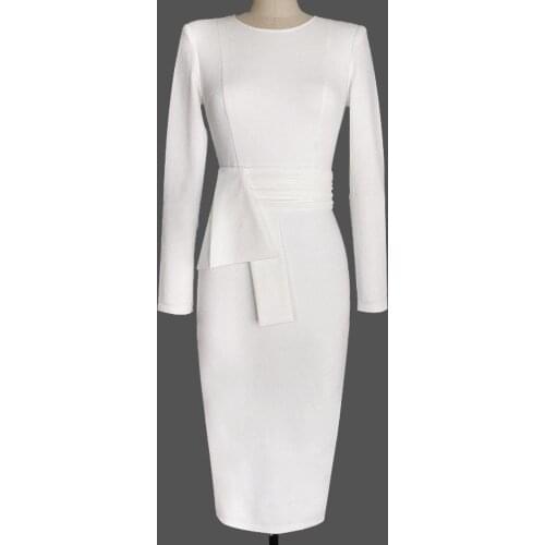 2020 New Autumn Winter Women Work Wear Dresses Business Party Evening Slim White Long Sleeve O Neck Belted Pencil Midi Dress