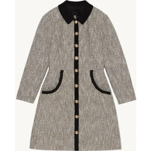 Women Turn-Down Collar Tweed Knit Dress Single Breasted Slim Ladies Three Quarter Sleeve A-Line Short Robe 2021 Autumn Winter