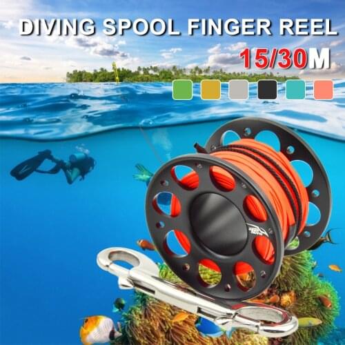 15M/30M Diving Spool Finger Reel Scuba with Stainless Steel Double Ended Hook for Diving Snorkeling SMB Equipment Cave Dive