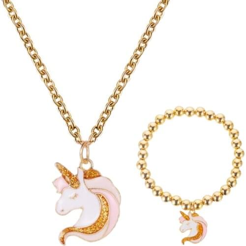 2pcs/set Necklace Bracelet Cartoon Unicorn Necklace Earring Jewelry Pink Girls Gift Jewelry Jewelry Earring and Necklace Set