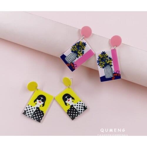 2021 Original dDesign Colorful Figure Oil Painting Printing Acrylic Square Geometric Simple Earrings For Women Inspired Jewelry