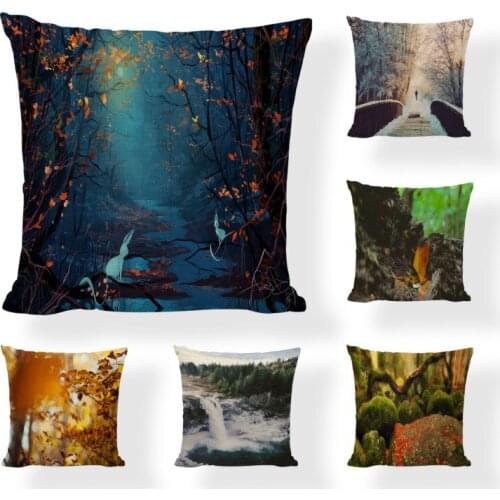 Hot Sale Linen Pillow Cover Forest Landscape Sunshine Maple Leaf Cushion Cover Home Sofa Bedroom Decorative Pillow Case 45x45 CM