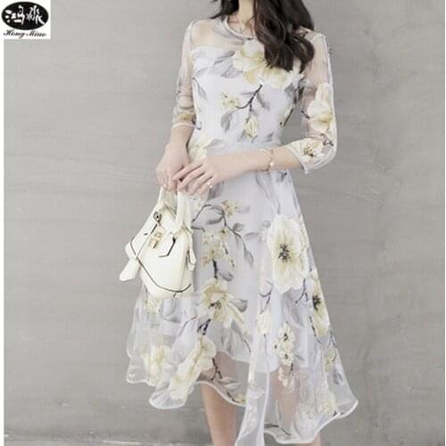 Hongmiao 2018 Women Spring Dress Fashion Female O-Neck Elegant Thin Sexy Printed Princess Dresses Party Vestido Plus Size 2XL