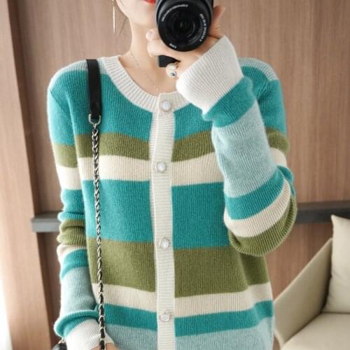 Womens knitted cardigan sweater fashion autumn long-sleeved 100% pure wool loose coat casual button O-neck striped blouse 2021