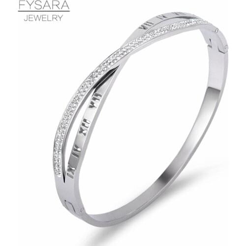 FYSARA Korean Roman Numerals CZ Crystals Cross Buckle Bracelets & Bangles Female Personality Titanium Steel X Pulseira For Women