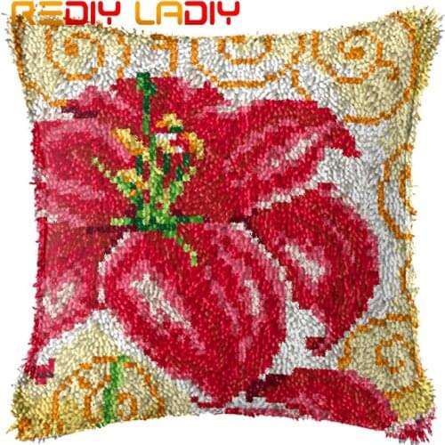 Latch Hook Cushion Lily Flower Pre-Printed Canvas Cushion Front Acrylic Yarn Crochet Pillow Case Kit Sofa Bed Pillows Home Decor