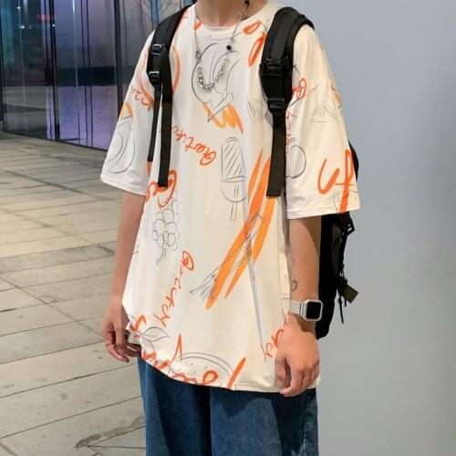Men Harajuku Style Short Sleeve T Shirt Streetwear Summer Kwaii Loose T-Shirt Round Neck Alphabet Graffiti Casual Tops Off White