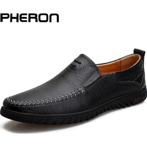 Men Casual Shoes Brand 2020 Genuine Leather Mens Loafers Moccasins Comfy Breathable Slip on Driving Shoes Black Plus Size 37-47