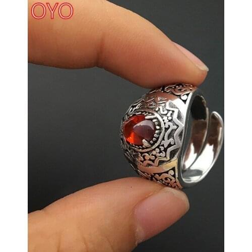100% S925 sterling silver jewelry Thai silver personality ring mens ruby cross flower open ring