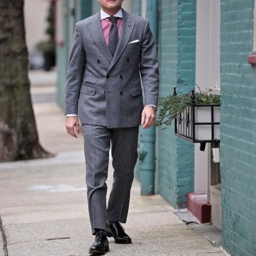 ANNIEBRITNEY Double Breasted Grey 2 Piece Slim Men Formal Suit 2020 Groom Wedding Tuxedo Custom Prom Wedding Business Men Suit