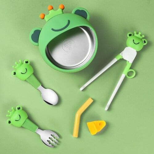 Children Liquid Silicone Bowl Set Frog Cartoon Baby Eating Supplementary Food With Straw Training Tableware For Festaurant Part