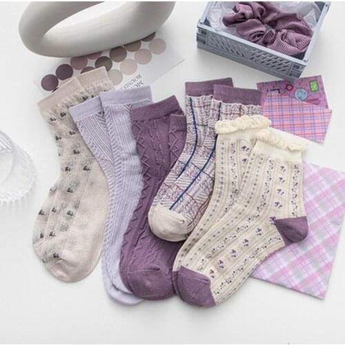 5 Pairs Womens Socks Set Cotton Violet Series Sweet High Quality Harajuku Kawaii Lolita Girl Cute Pretty Gift Ruffles Socks