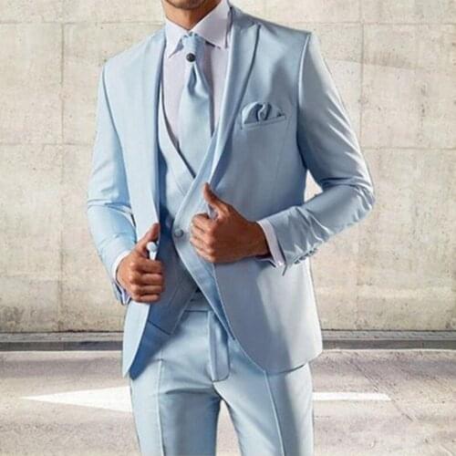 Blue Wedding Man Suit Groom Tuxedos 2021 Slim Fit Prom Party Custom Satin Men Suits 3 Piece Jacket Pants Vest Male Blazer
