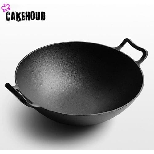 Traditional Thickened Binaural Cast Iron Pot Vintage Round Bottom Large Iron Pot Household Cast Iron Pot Uncoated Non-stick Pan