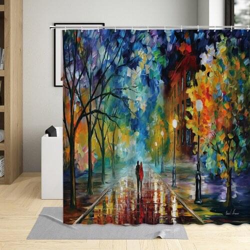 Colorful Art Oil Painting Forest City Street Pattern For Home Decor Bathroom Curtains Waterproof Fabric Shower Curtain With Hook