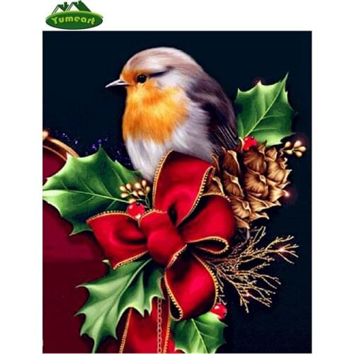 YUMEART 3D Diamond Painting Red Ribbon Bird and Green Leafs Rhinestones Inlay Cross Stitch Embroidery Crafts Knitting Needles