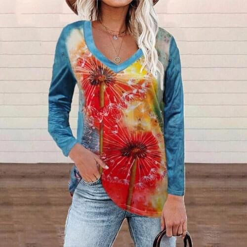 Autumn New Sexy V-Neck Loose Ladies Blouse Casual Long Sleeved Pullover Tops Elegant Dandelion Print Fashion T Shirt Streetwear