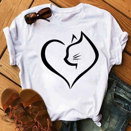 Cat Lover T Shirt Women Fashion T Shirt Female Casual Short Sleeve Tops Tee Women Cute Cartoon Cat Love Heart Prind Tee Shirts