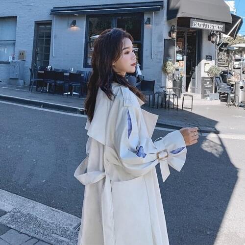 Korean Thin 2021 Spring Autumn Mid-length White Trench Women Loose Elegant Lapel Double-breasted With Sashes Casual Windbreaker