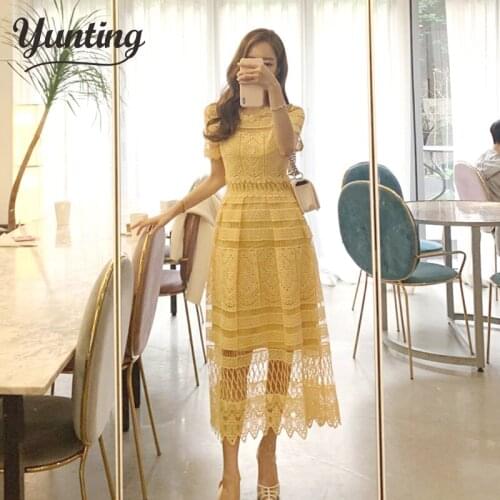 High Quality Runway 2020 Spring Summer New Fashion Women Party Office Hollow Out Vintage Lace Short Sleeve Dress
