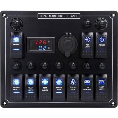10 Gangs Car Boat Marine Rocker Switch Panel circuit breaker protector ON/OFF Switch Current Voltmeter12V-24V for MARINE BOAT RV