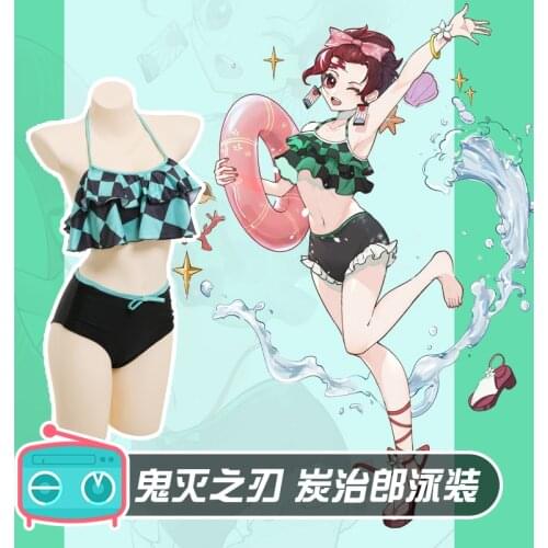 Anime Demon Slayer Kimetsu no Yaiba Kamado Tanjiro Lovely Bikini Swimsuit Swimwear Summer Suit Cosplay Costume Halloween