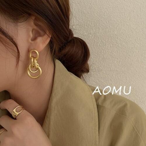 AOMU 2020 New Retro Matte Metal Geometric Round Circle Cross Tassel Dangle Earrings for Female Party Simple Trendy Jewelry