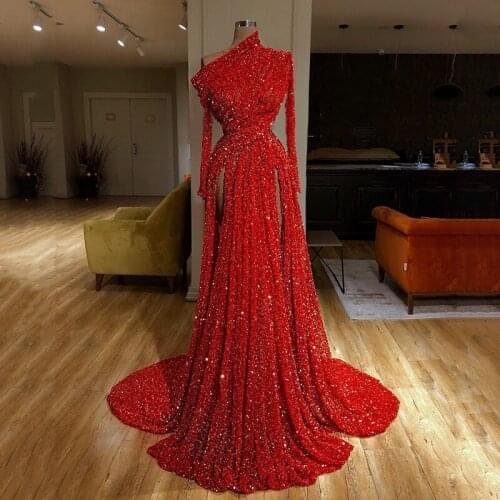 Sparkly Red Sequins Evening Dresses 2020 Long Sleeves Ruched High Split Formal Party Floor Length Prom Dresses