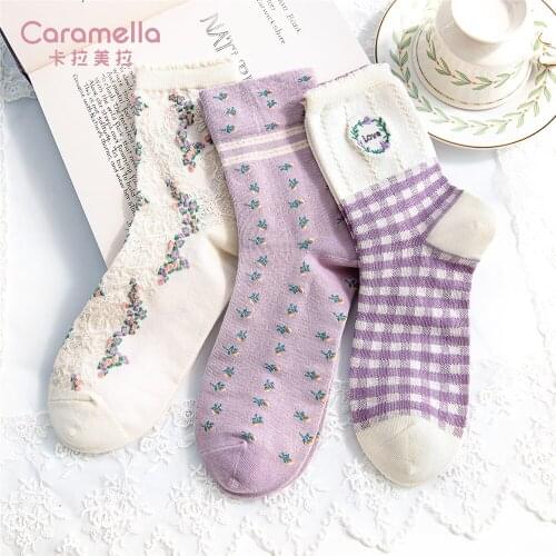 Caramella 2020 Cotton Women Socks 3Pairs/Lot New Design Flower Girls Socks Sweet Gride Short Socks Lovely Violet Female Socks