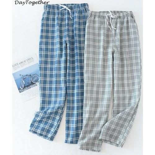 Mens Plaid Pants Pure Cotton Pajamas Home Leisure Gauze Sleep Bottoms Loose Big Size Pajamas for Men
