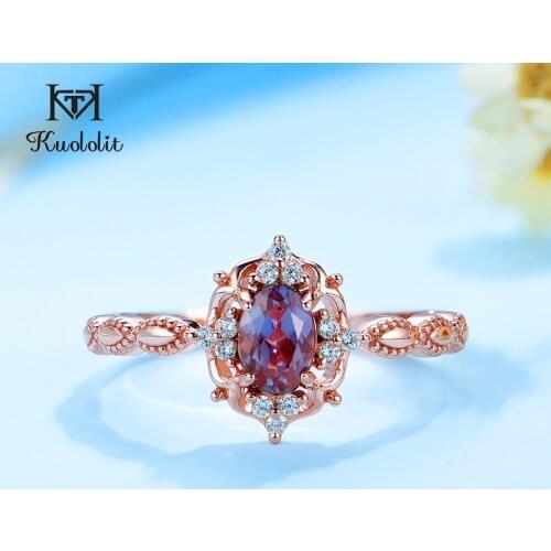 Kuololit lab grown Alexandrite Gemstone Ring for Women Real 925 Sterling Silver Ring Size 10 Oval ring for Engagement Milgrain