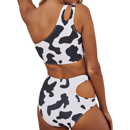 Summer Ladies Split Swimwear Sets Adults Women Creative Cow Printing Sexy Sloping Shoulder High Waist Hollow Bikini Swimsuit